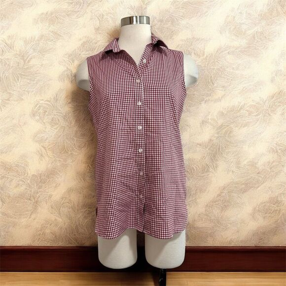 Lands End Plaid Gingham Checkered Button Down Sleeveless Top M 8 - Picture 1 of 6